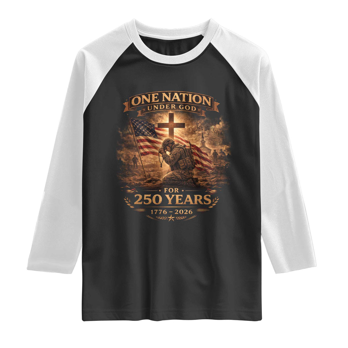 Blessings 250 Years America Raglan Shirt Christian Patriotic One Nation Under God US Flag