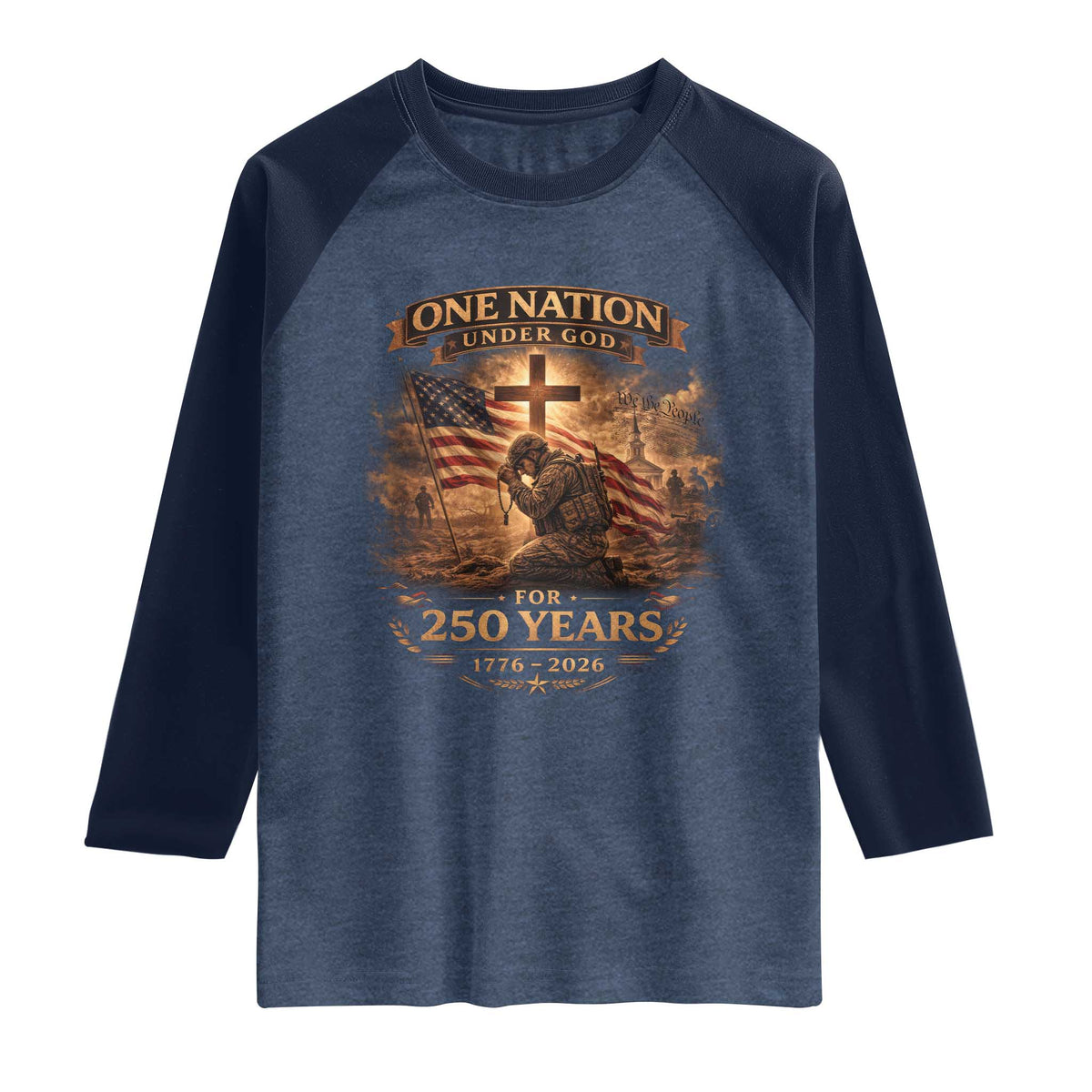 Blessings 250 Years America Raglan Shirt Christian Patriotic One Nation Under God US Flag