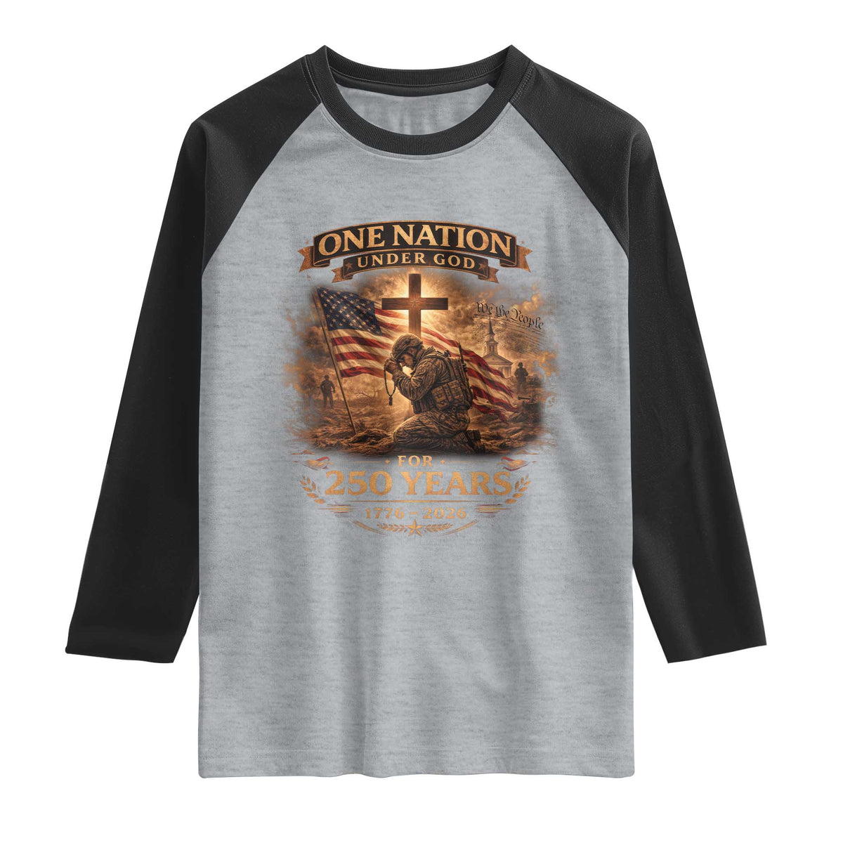 Blessings 250 Years America Raglan Shirt Christian Patriotic One Nation Under God US Flag