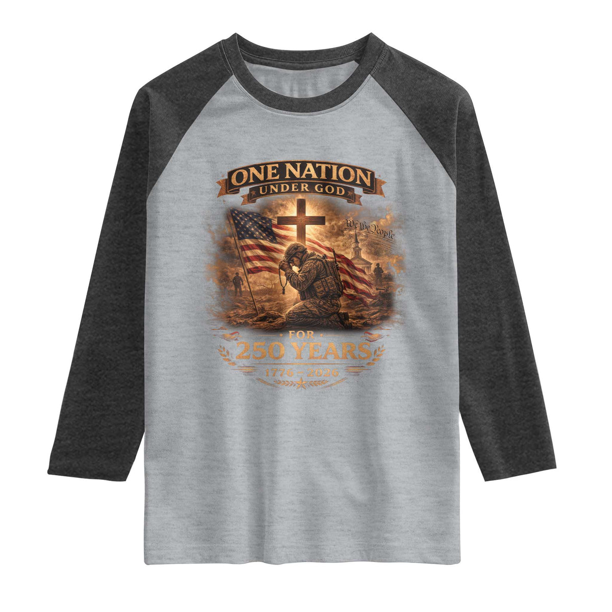 Blessings 250 Years America Raglan Shirt Christian Patriotic One Nation Under God US Flag