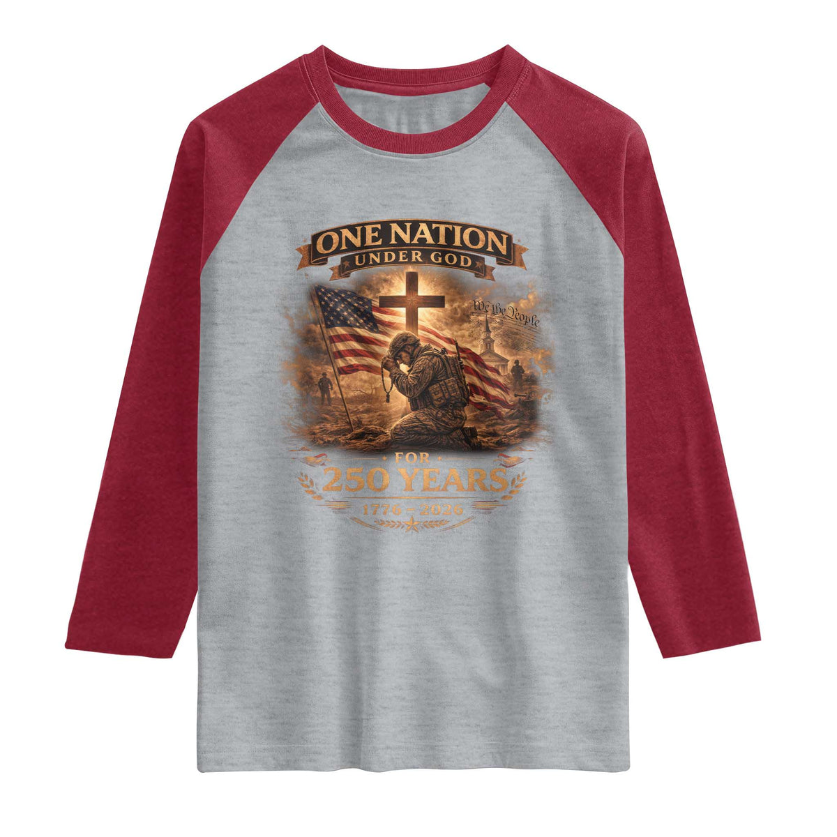 Blessings 250 Years America Raglan Shirt Christian Patriotic One Nation Under God US Flag