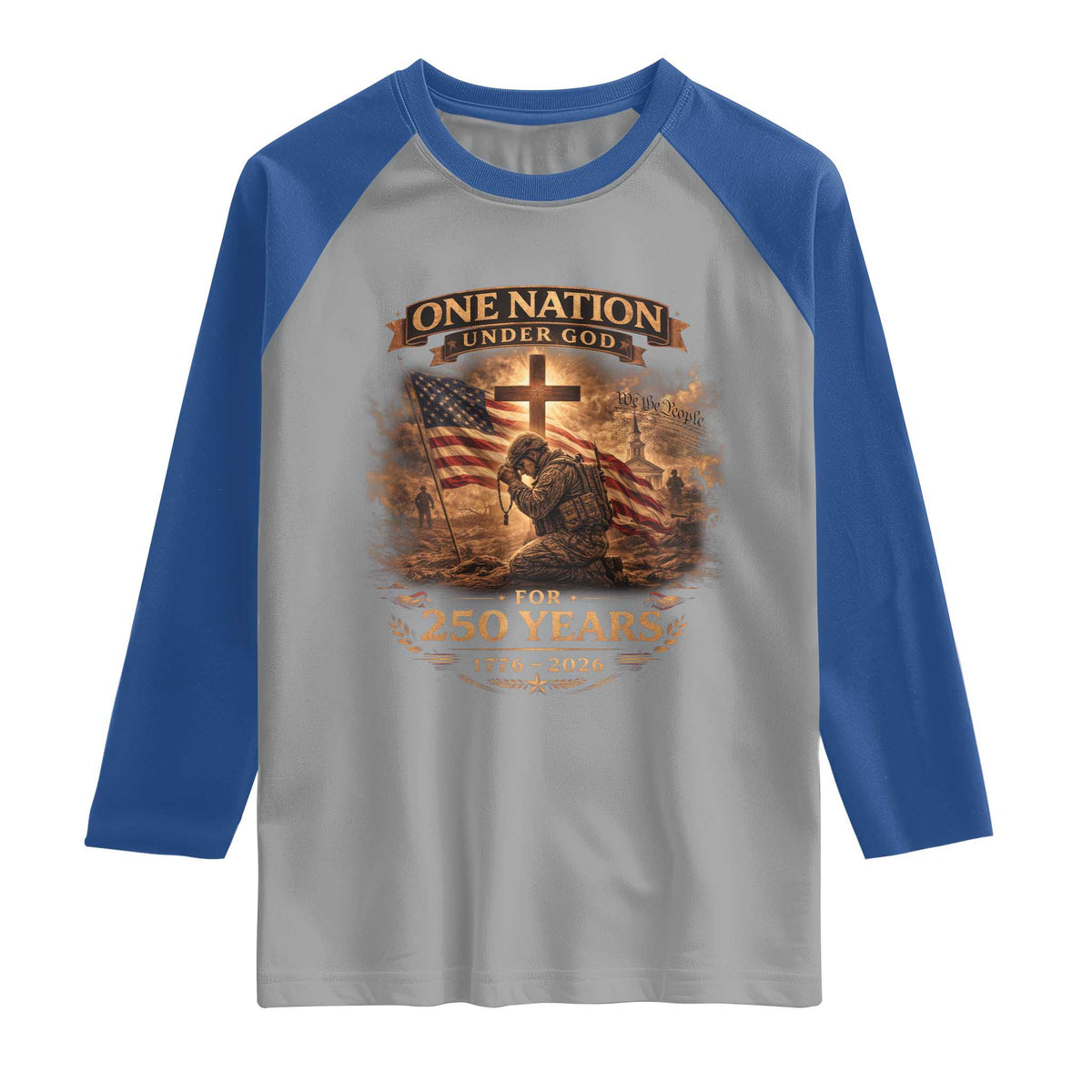 Blessings 250 Years America Raglan Shirt Christian Patriotic One Nation Under God US Flag