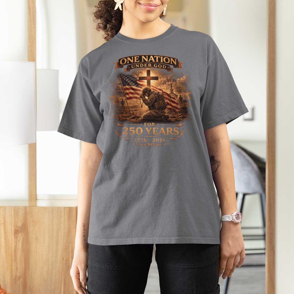 Blessings 250 Years America T Shirt For Women Christian Patriotic One Nation Under God US Flag