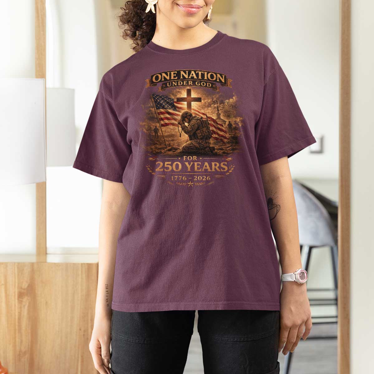 Blessings 250 Years America T Shirt For Women Christian Patriotic One Nation Under God US Flag