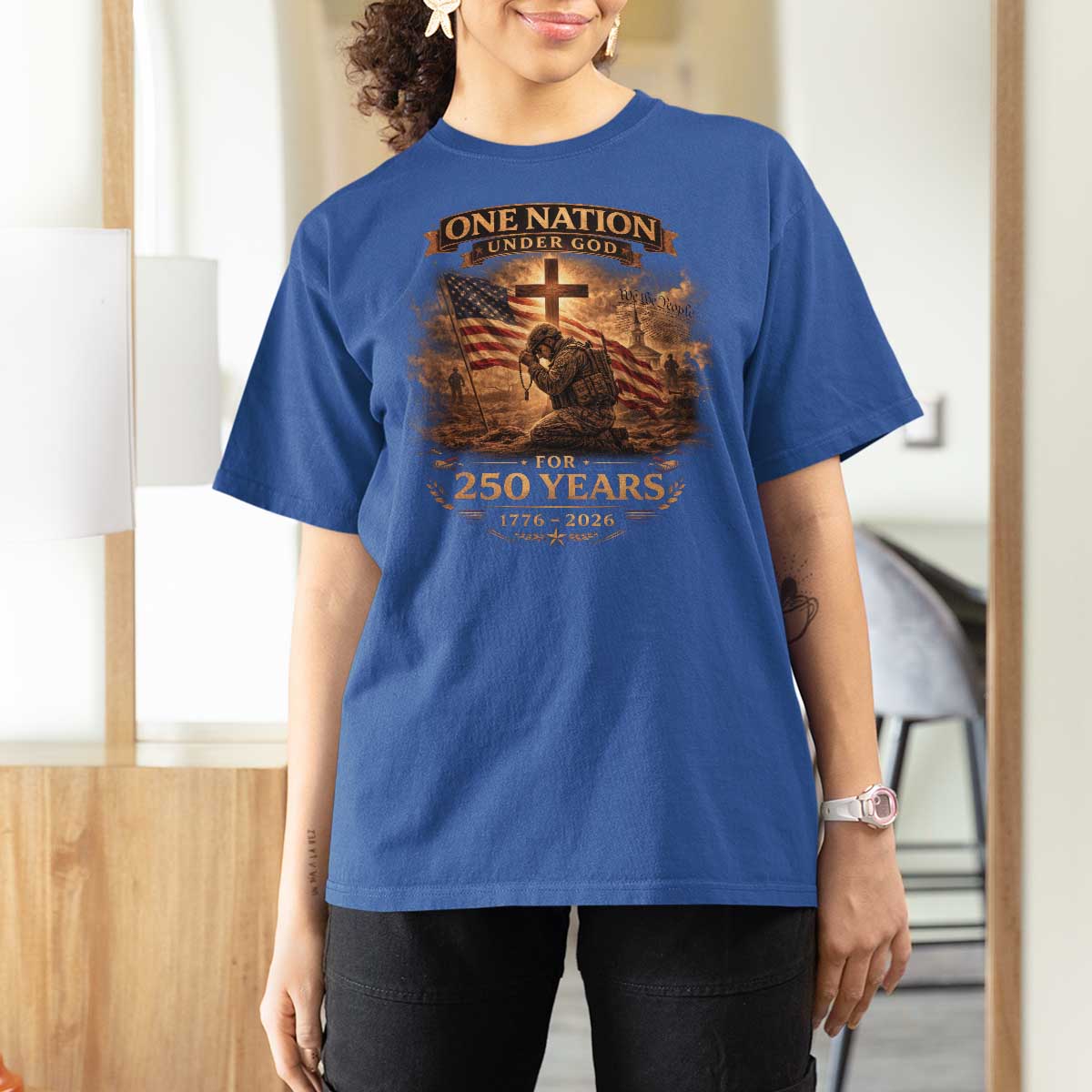 Blessings 250 Years America T Shirt For Women Christian Patriotic One Nation Under God US Flag