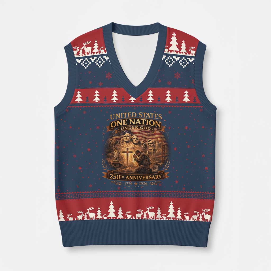 Blessings 250 Years America V-Neck Knit Sweater Vest Christian Patriotic One Nation Under God Founding Fathers