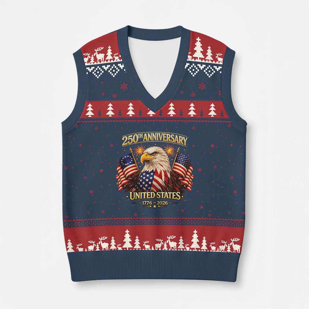 250th Anniversary V-Neck Knit Sweater Vest United States 250 Years Birthday 1776 2026 Eagle USA Flag