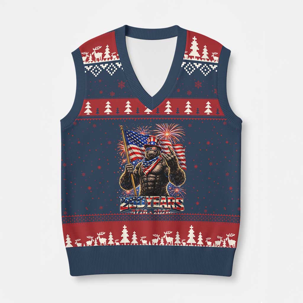 Bigfoot 250th Anniversary V-Neck Knit Sweater Vest USA Independence 250 Years Of Freedom 1776 2026 Patriotic Flag