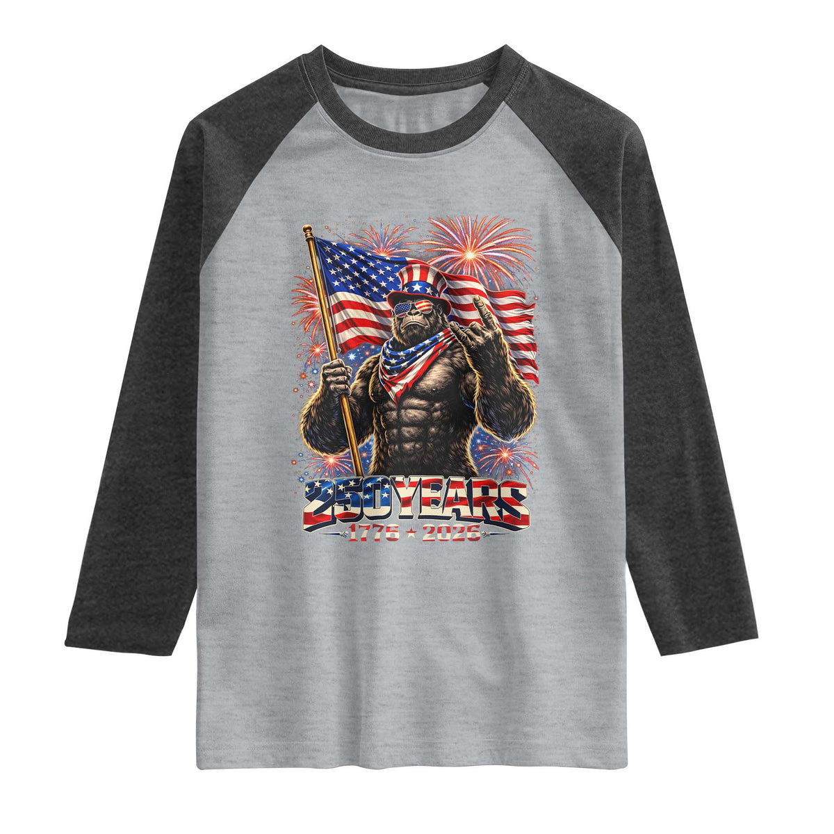 Bigfoot 250th Anniversary Raglan Shirt USA Independence 250 Years Of Freedom 1776 2026 Patriotic Flag