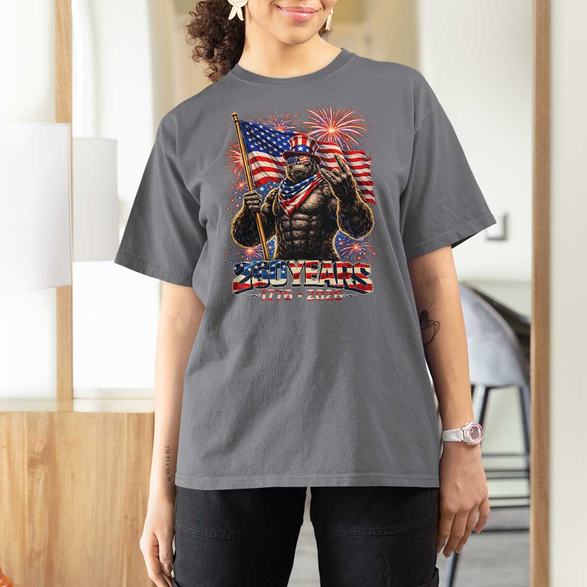 Bigfoot 250th Anniversary T Shirt For Women USA Independence 250 Years Of Freedom 1776 2026 Patriotic Flag