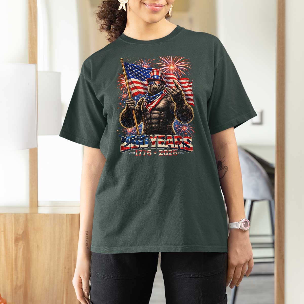 Bigfoot 250th Anniversary T Shirt For Women USA Independence 250 Years Of Freedom 1776 2026 Patriotic Flag