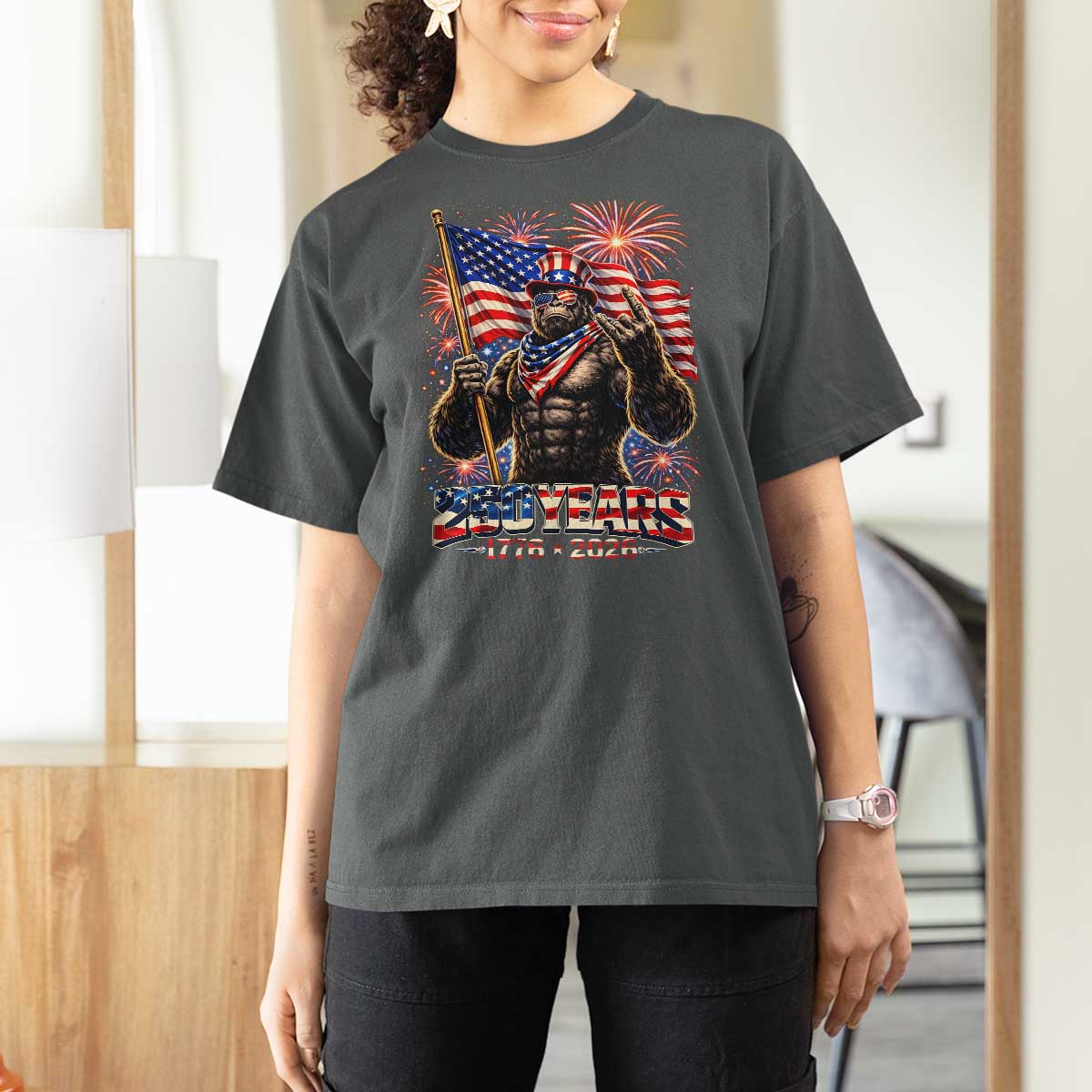 Bigfoot 250th Anniversary T Shirt For Women USA Independence 250 Years Of Freedom 1776 2026 Patriotic Flag