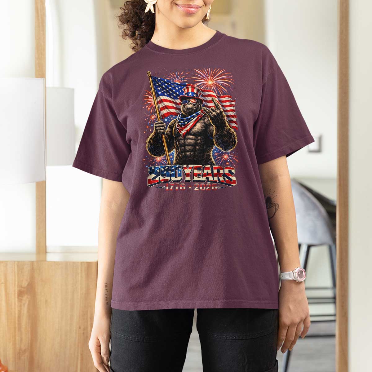 Bigfoot 250th Anniversary T Shirt For Women USA Independence 250 Years Of Freedom 1776 2026 Patriotic Flag