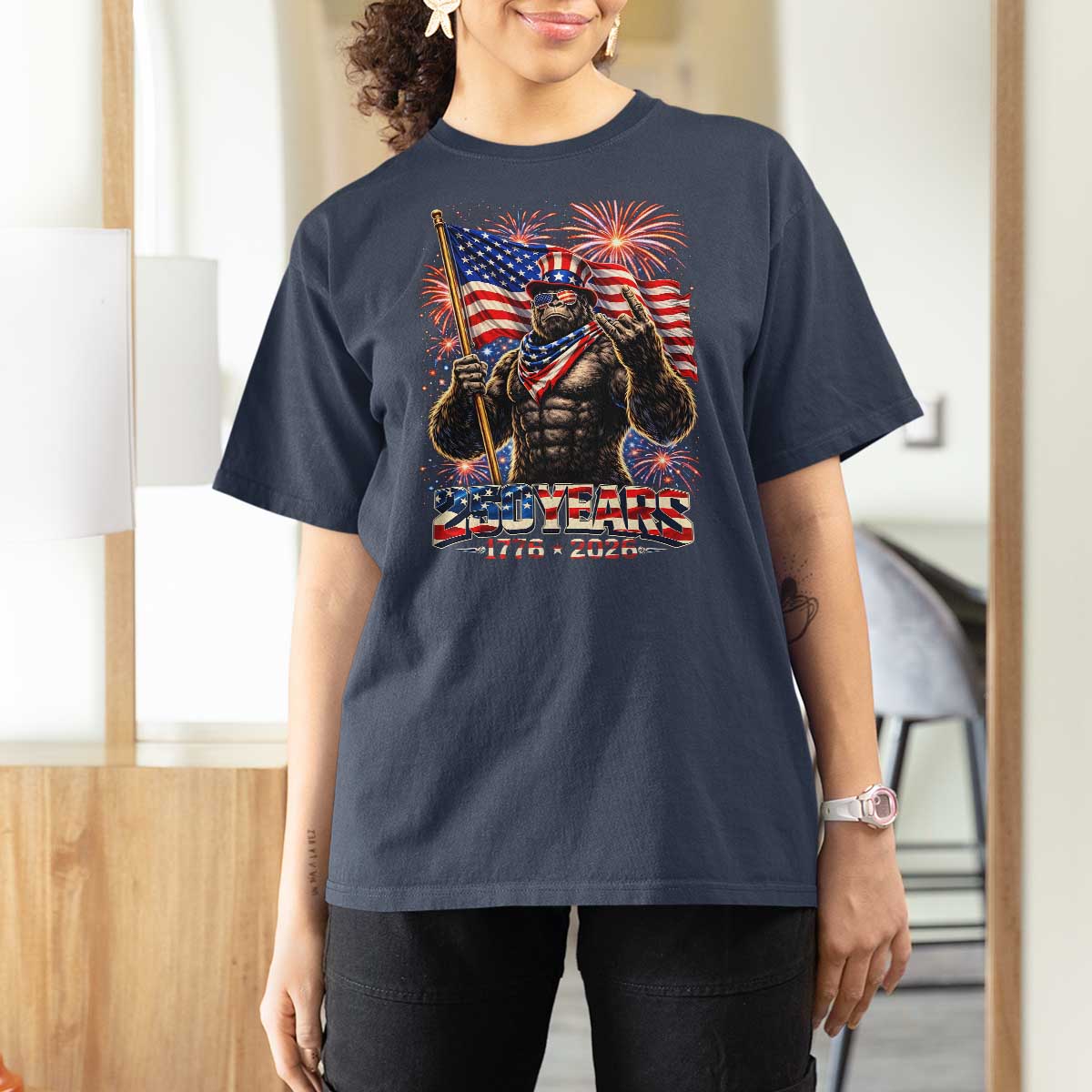 Bigfoot 250th Anniversary T Shirt For Women USA Independence 250 Years Of Freedom 1776 2026 Patriotic Flag