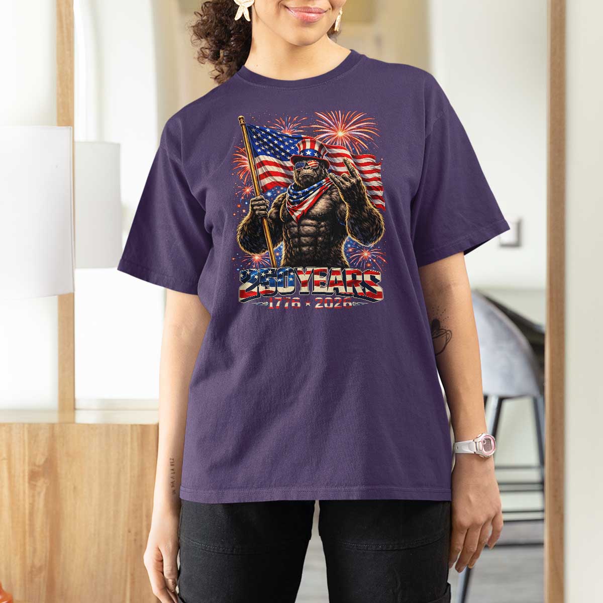 Bigfoot 250th Anniversary T Shirt For Women USA Independence 250 Years Of Freedom 1776 2026 Patriotic Flag