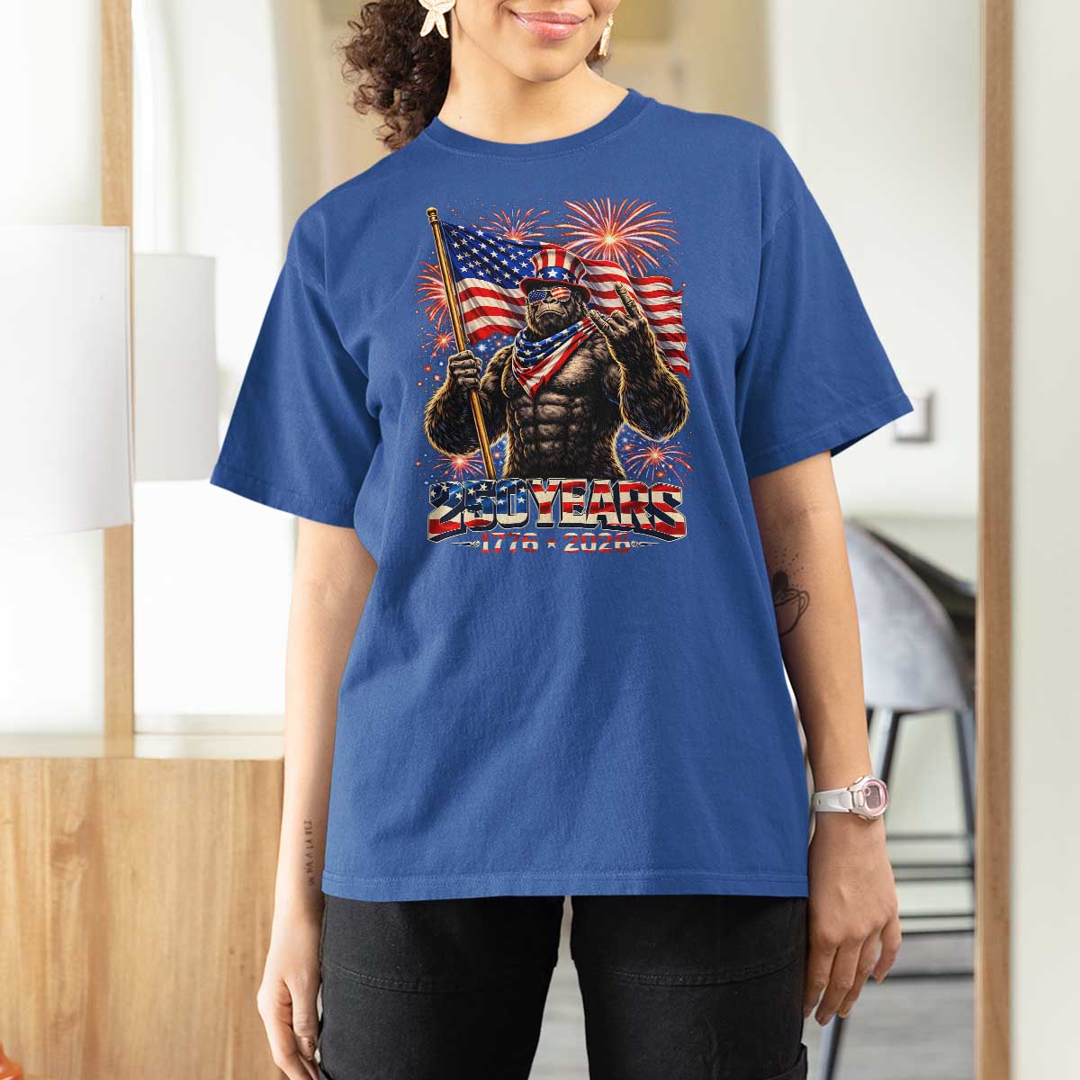 Bigfoot 250th Anniversary T Shirt For Women USA Independence 250 Years Of Freedom 1776 2026 Patriotic Flag