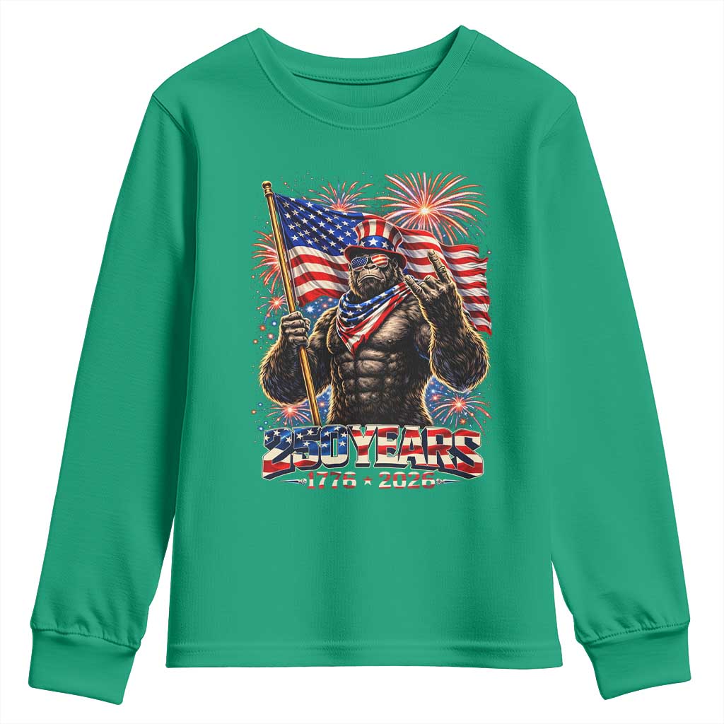 Bigfoot 250th Anniversary Youth Sweatshirt USA Independence 250 Years Of Freedom 1776 2026 Patriotic Flag