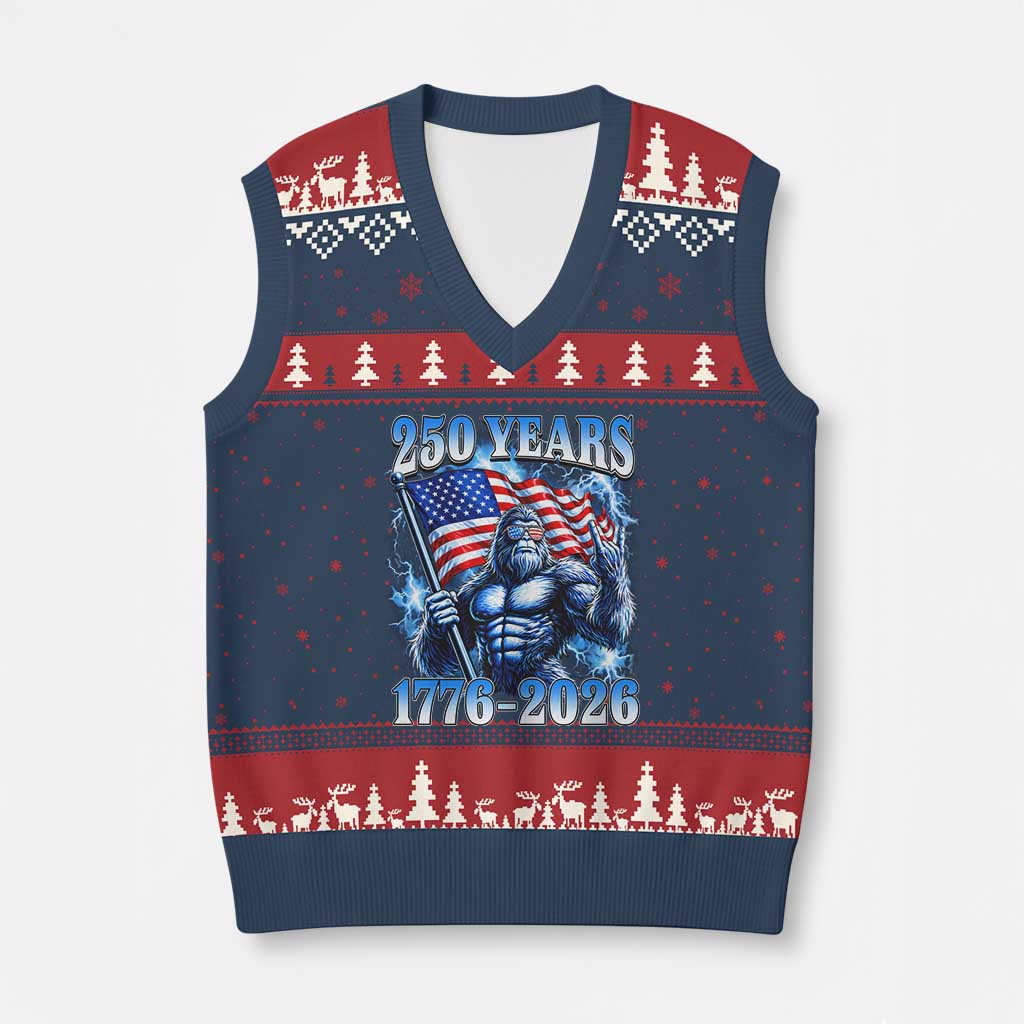 Bigfoot 250th Anniversary America V-Neck Knit Sweater Vest 250 Years Of Freedom 4th July 1776 2026 Patriotic Flag