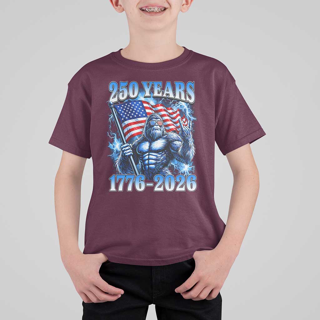 Bigfoot 250th Anniversary America T Shirt For Kid 250 Years Of Freedom 4th July 1776 2026 Patriotic Flag