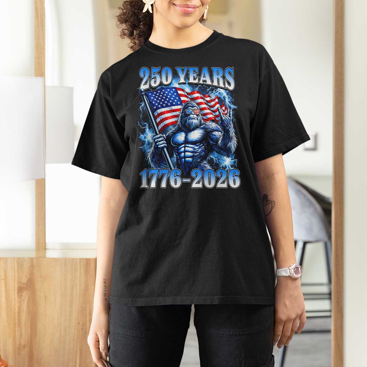 Bigfoot 250th Anniversary America T Shirt For Women 250 Years Of Freedom 4th July 1776 2026 Patriotic Flag