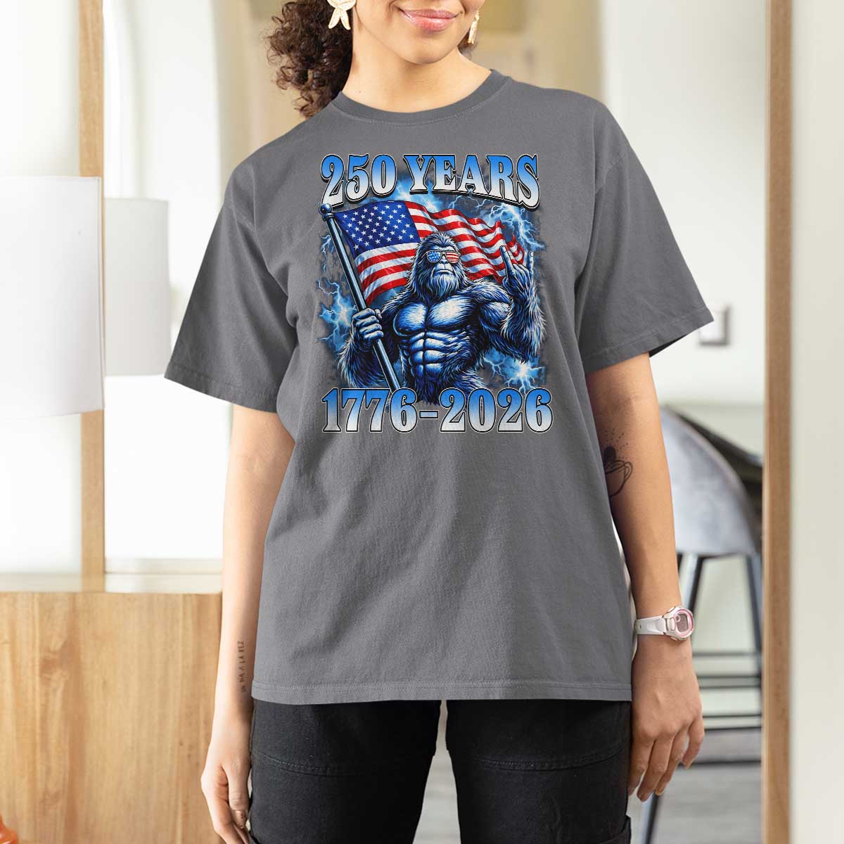 Bigfoot 250th Anniversary America T Shirt For Women 250 Years Of Freedom 4th July 1776 2026 Patriotic Flag