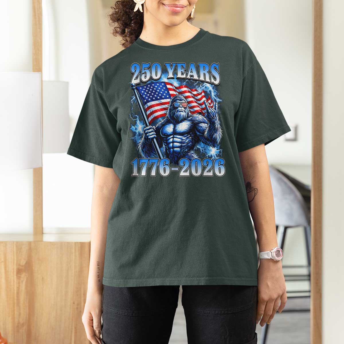 Bigfoot 250th Anniversary America T Shirt For Women 250 Years Of Freedom 4th July 1776 2026 Patriotic Flag