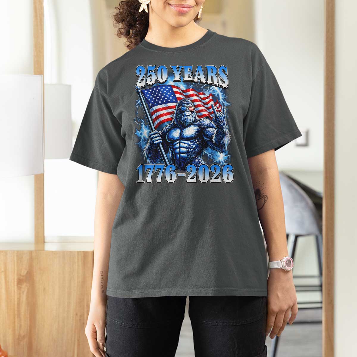 Bigfoot 250th Anniversary America T Shirt For Women 250 Years Of Freedom 4th July 1776 2026 Patriotic Flag