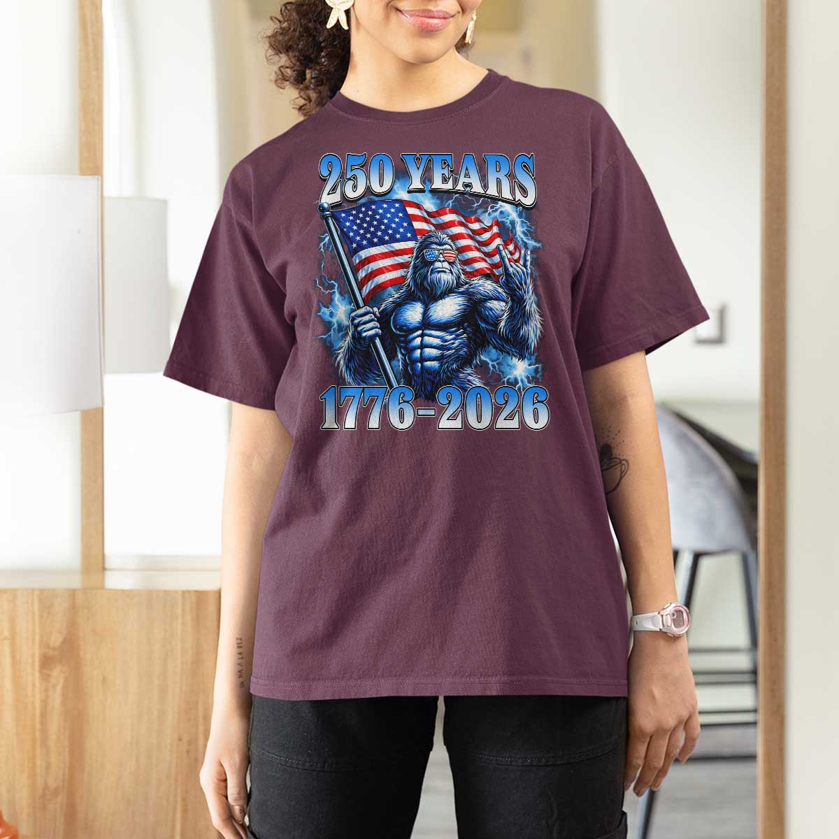 Bigfoot 250th Anniversary America T Shirt For Women 250 Years Of Freedom 4th July 1776 2026 Patriotic Flag
