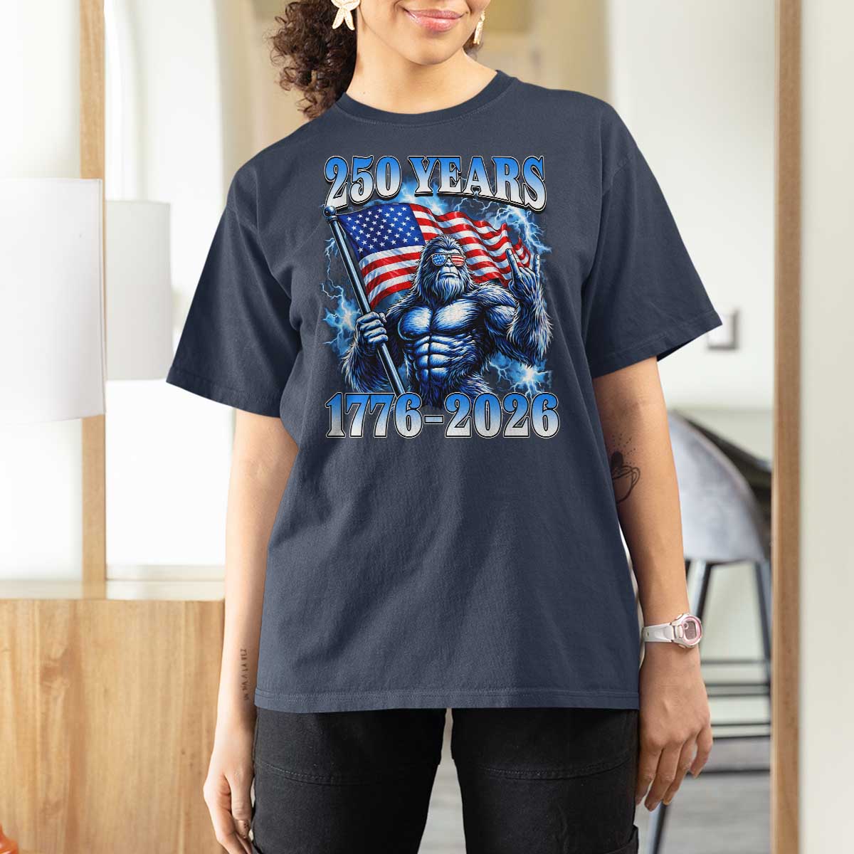 Bigfoot 250th Anniversary America T Shirt For Women 250 Years Of Freedom 4th July 1776 2026 Patriotic Flag