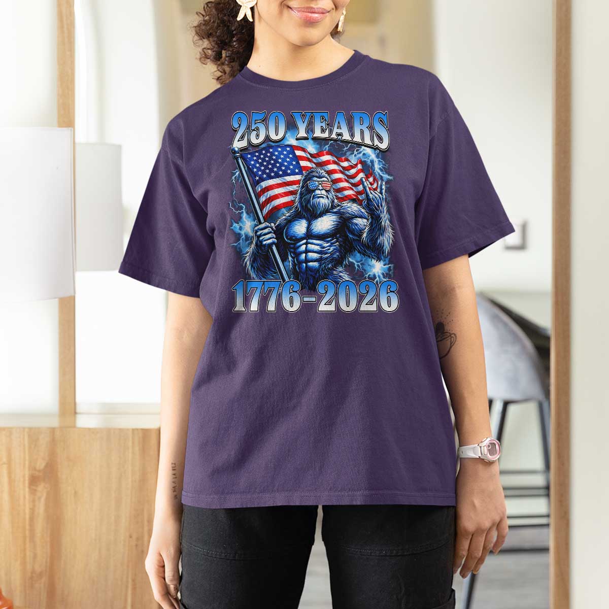 Bigfoot 250th Anniversary America T Shirt For Women 250 Years Of Freedom 4th July 1776 2026 Patriotic Flag