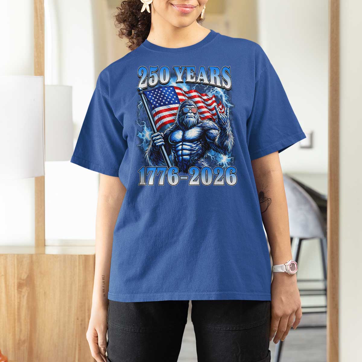 Bigfoot 250th Anniversary America T Shirt For Women 250 Years Of Freedom 4th July 1776 2026 Patriotic Flag