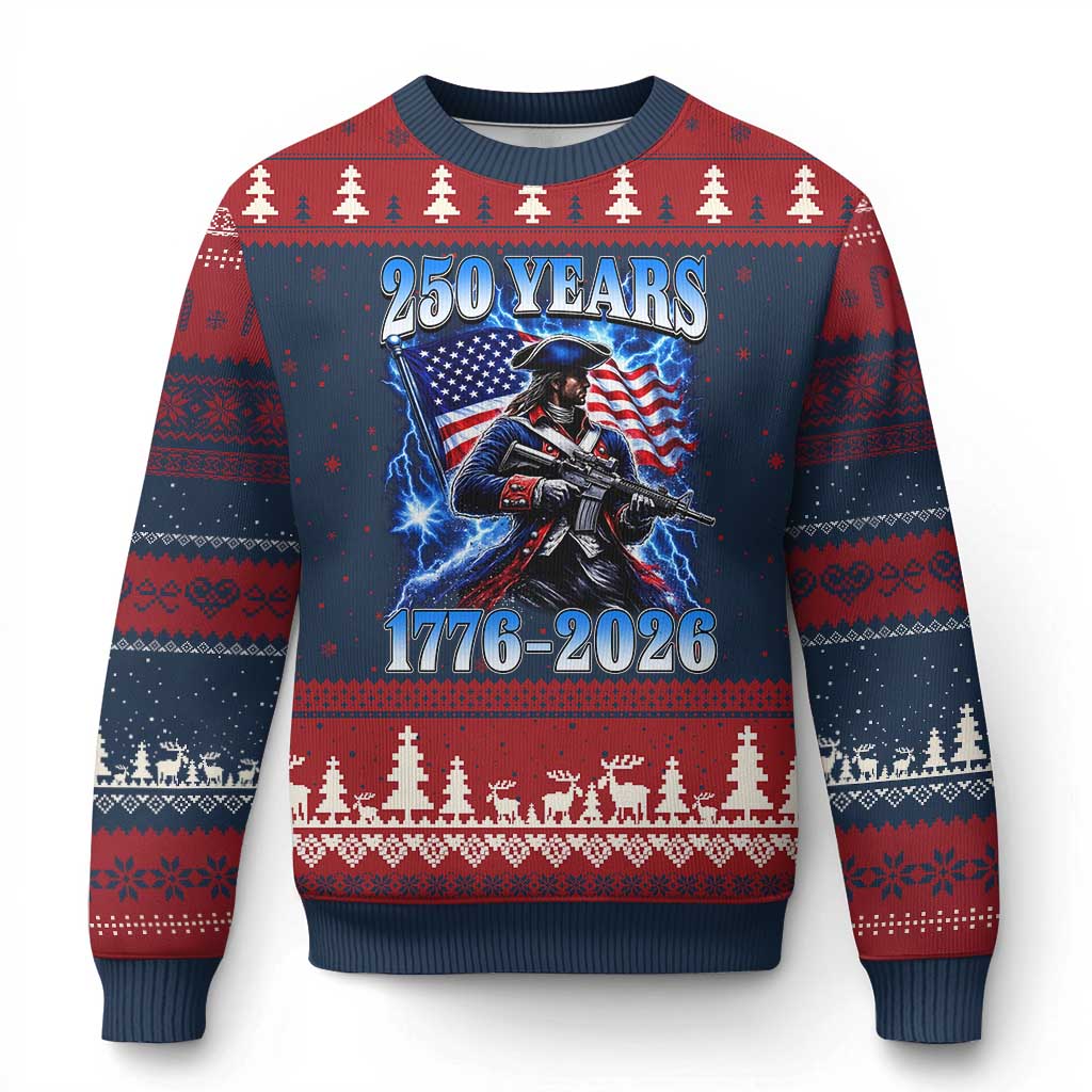 250th Anniversary Yankee Spirit Ugly Christmas Sweater 1776 2026 Patriotic Tactical Minuteman US Flag