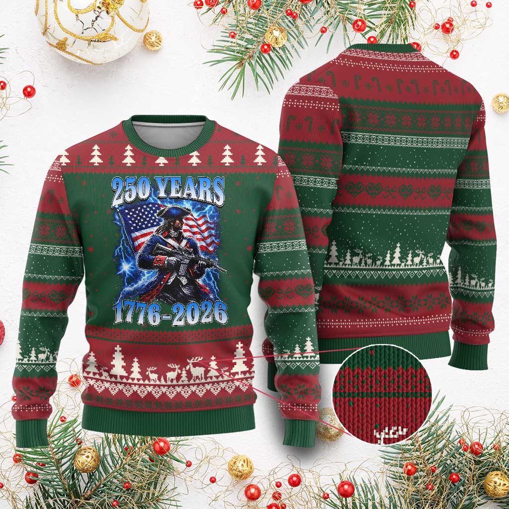 250th Anniversary Yankee Spirit Ugly Christmas Sweater 1776 2026 Patriotic Tactical Minuteman US Flag