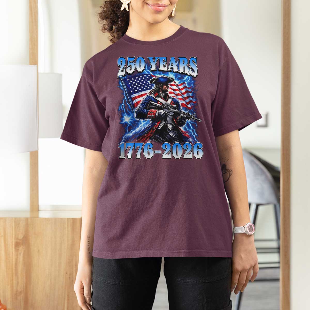 250th Anniversary Yankee Spirit T Shirt For Women 1776 2026 Patriotic Tactical Minuteman US Flag