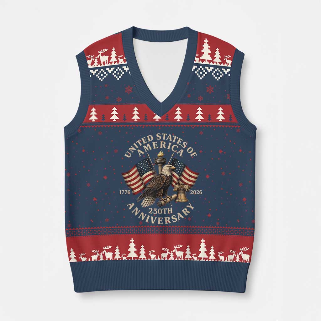 USA 250th Anniversary V-Neck Knit Sweater Vest Vintage Eagle US Flag Independence Day 4th July Patriotic