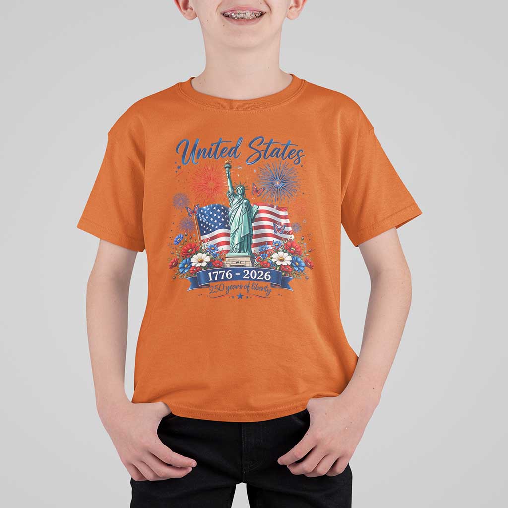 250th Anniversary USA T Shirt For Kid Patriotic Liberty Floral 250 Years American 4th July 1776 2026