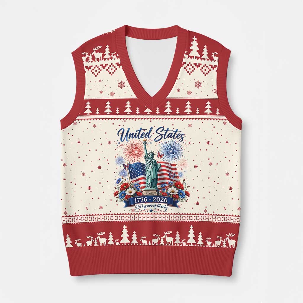 250th Anniversary USA V-Neck Knit Sweater Vest Patriotic Liberty Floral 250 Years American 4th July 1776 2026