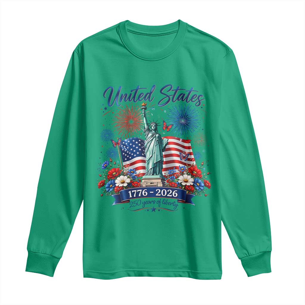 250th Anniversary USA Long Sleeve Shirt Patriotic Liberty Floral 250 Years American 4th July 1776 2026