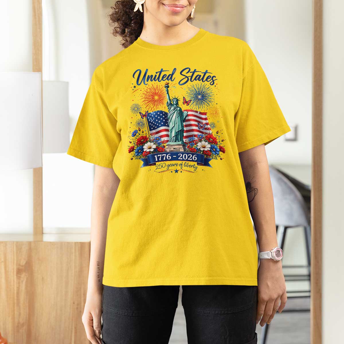 250th Anniversary USA T Shirt For Women Patriotic Liberty Floral 250 Years American 4th July 1776 2026