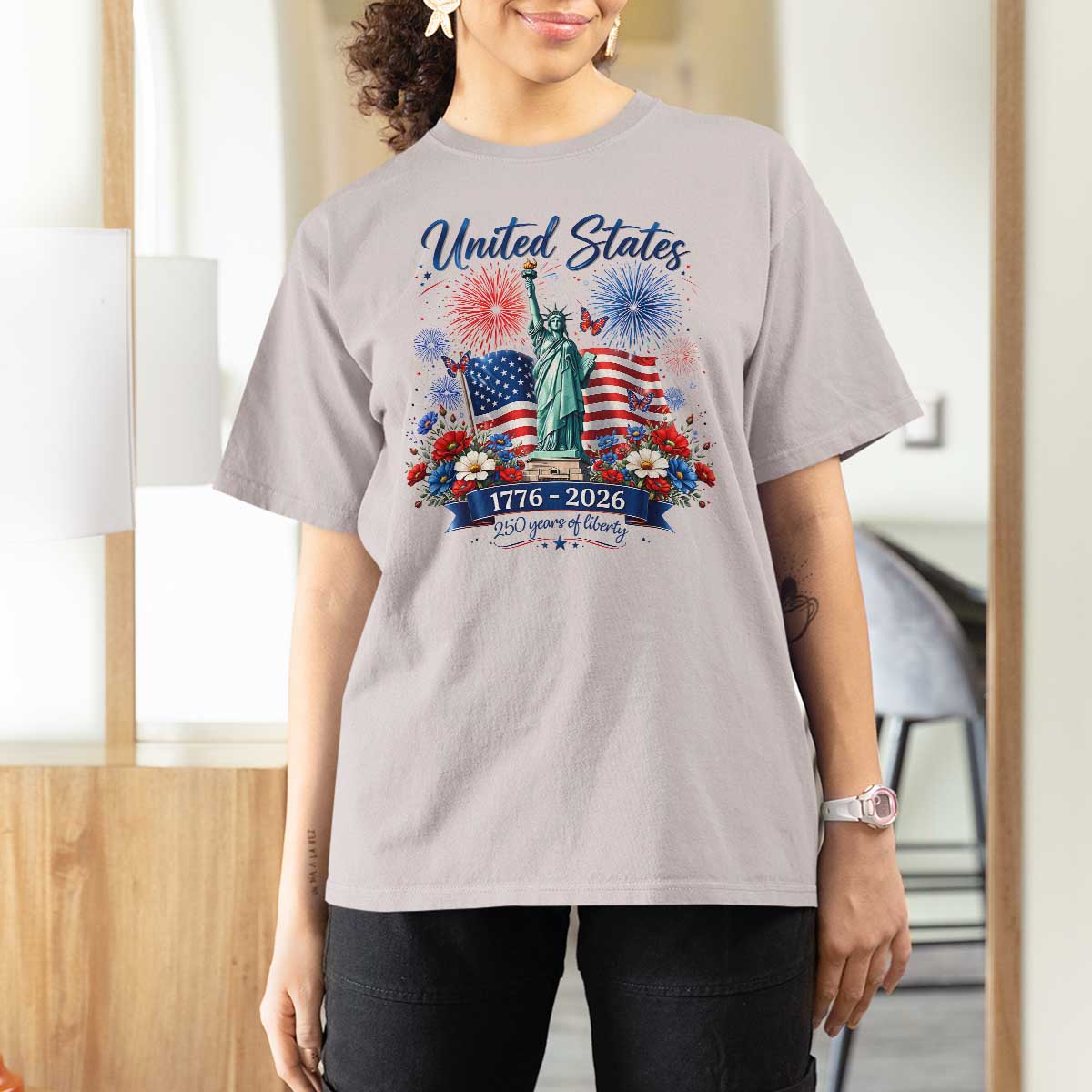 250th Anniversary USA T Shirt For Women Patriotic Liberty Floral 250 Years American 4th July 1776 2026