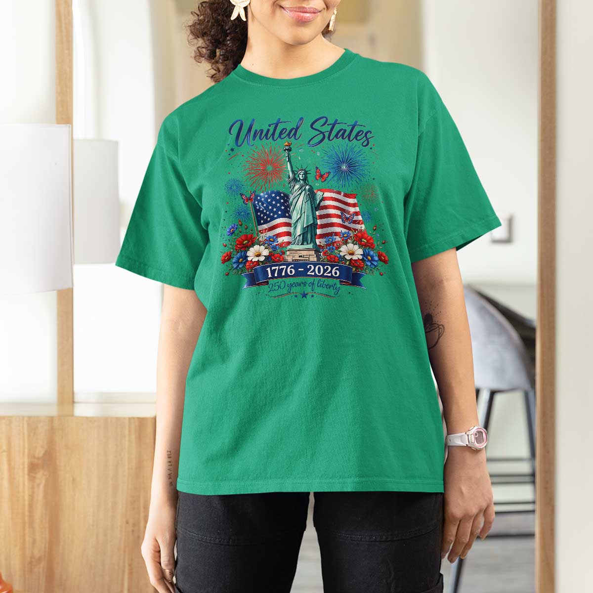 250th Anniversary USA T Shirt For Women Patriotic Liberty Floral 250 Years American 4th July 1776 2026