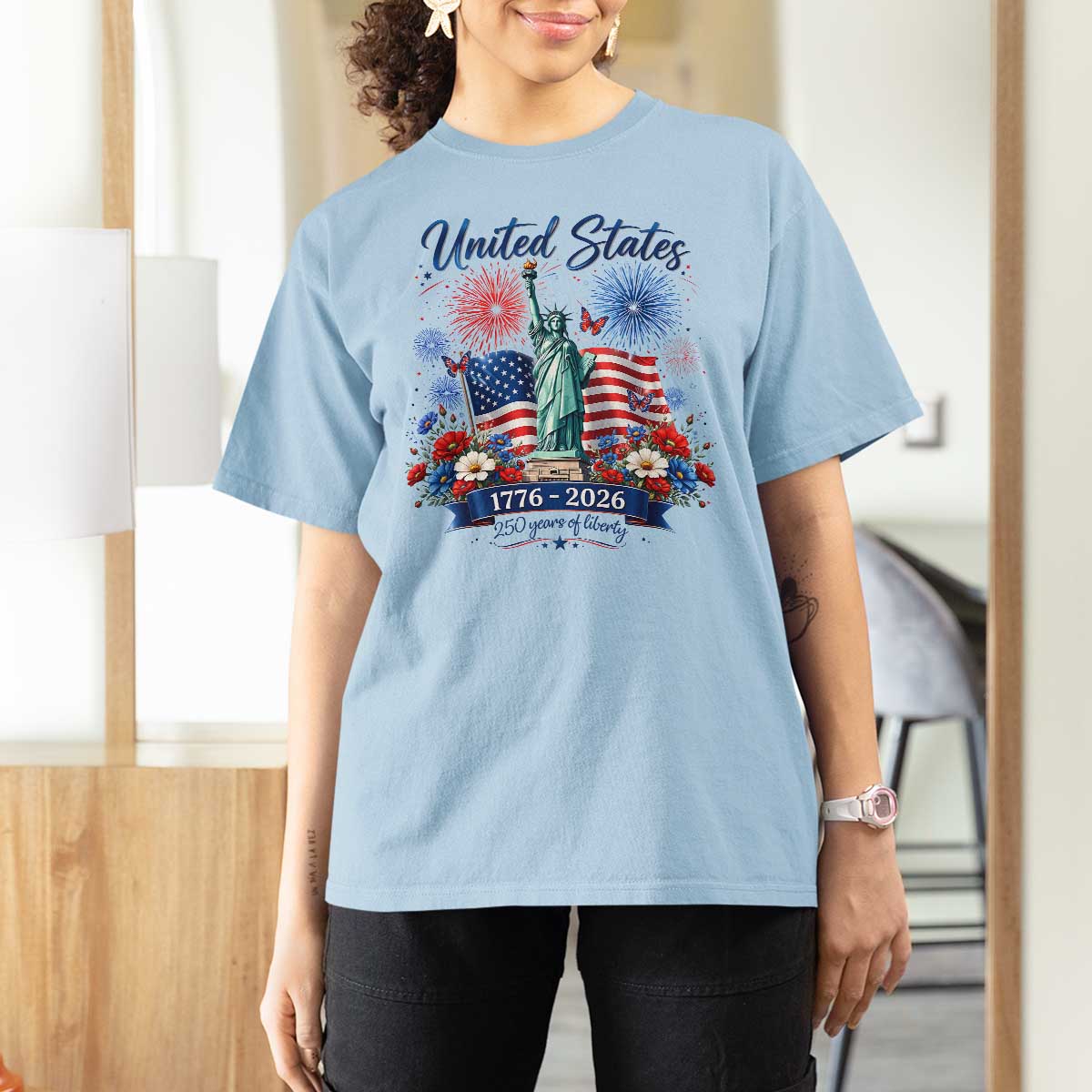 250th Anniversary USA T Shirt For Women Patriotic Liberty Floral 250 Years American 4th July 1776 2026