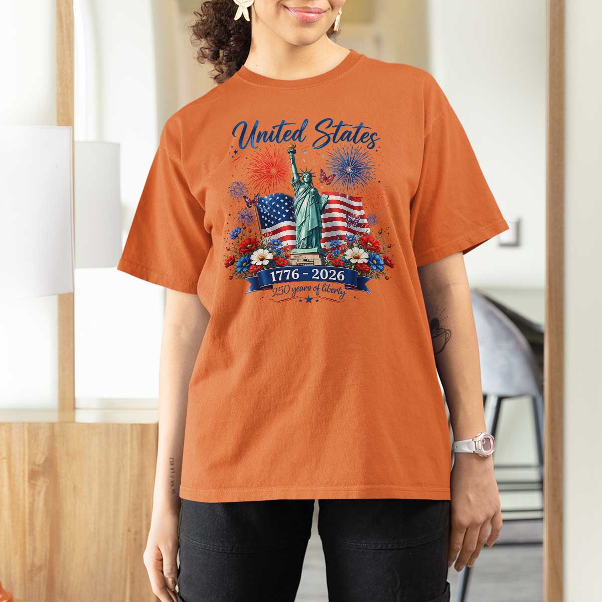 250th Anniversary USA T Shirt For Women Patriotic Liberty Floral 250 Years American 4th July 1776 2026