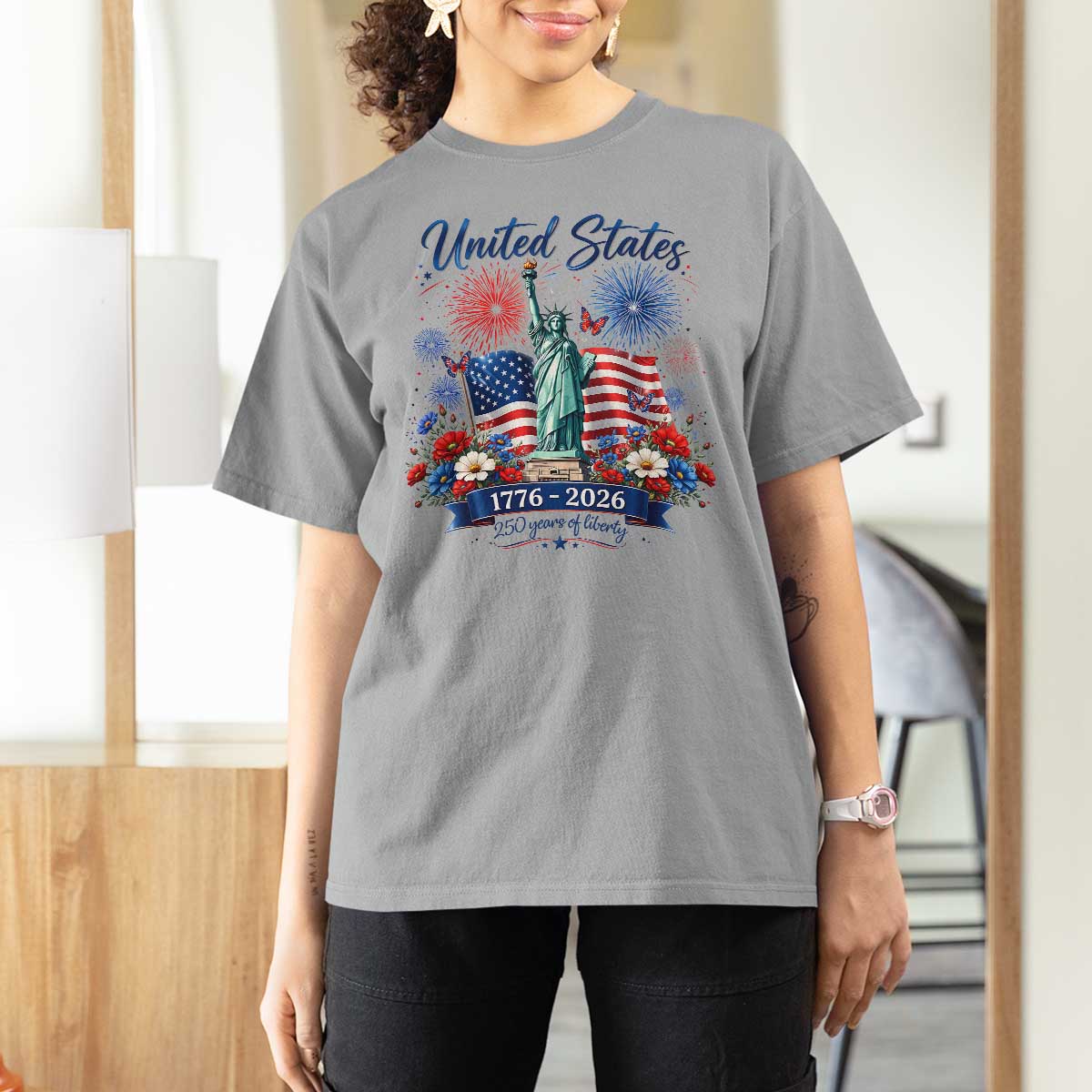 250th Anniversary USA T Shirt For Women Patriotic Liberty Floral 250 Years American 4th July 1776 2026