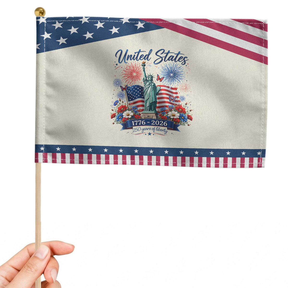 250th Anniversary USA Patriotic Handheld Flag Liberty Floral 250 Years American 4th July 1776 2026