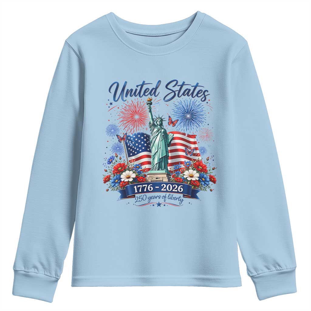 250th Anniversary USA Youth Sweatshirt Patriotic Liberty Floral 250 Years American 4th July 1776 2026