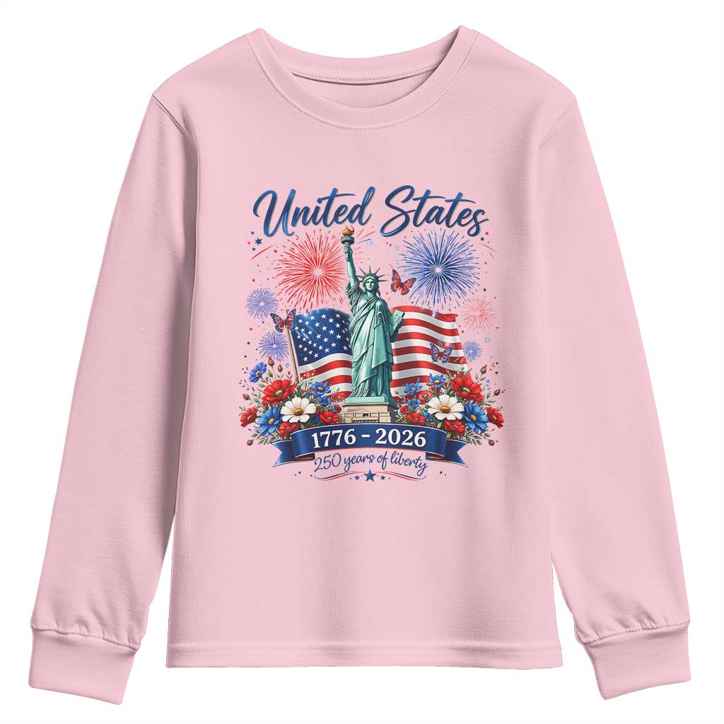 250th Anniversary USA Youth Sweatshirt Patriotic Liberty Floral 250 Years American 4th July 1776 2026