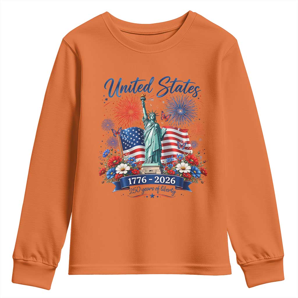 250th Anniversary USA Youth Sweatshirt Patriotic Liberty Floral 250 Years American 4th July 1776 2026