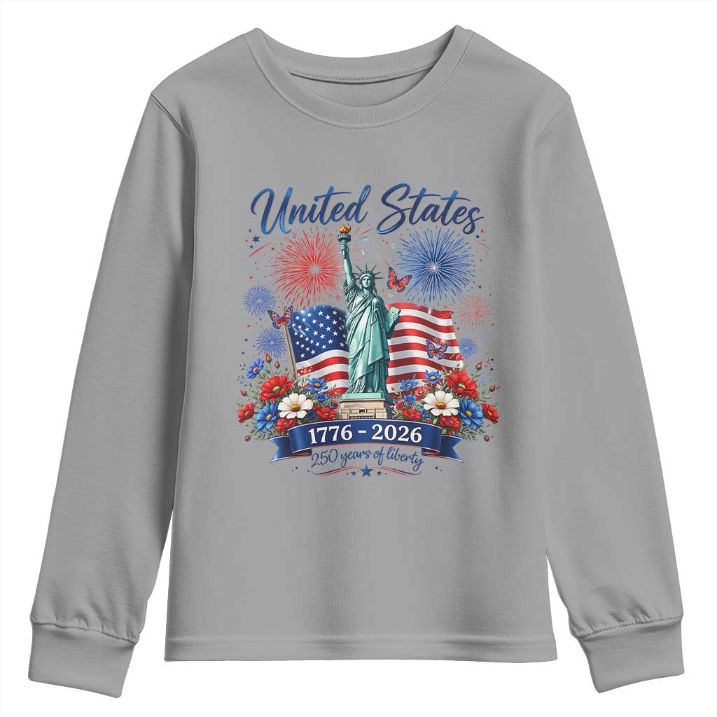 250th Anniversary USA Youth Sweatshirt Patriotic Liberty Floral 250 Years American 4th July 1776 2026