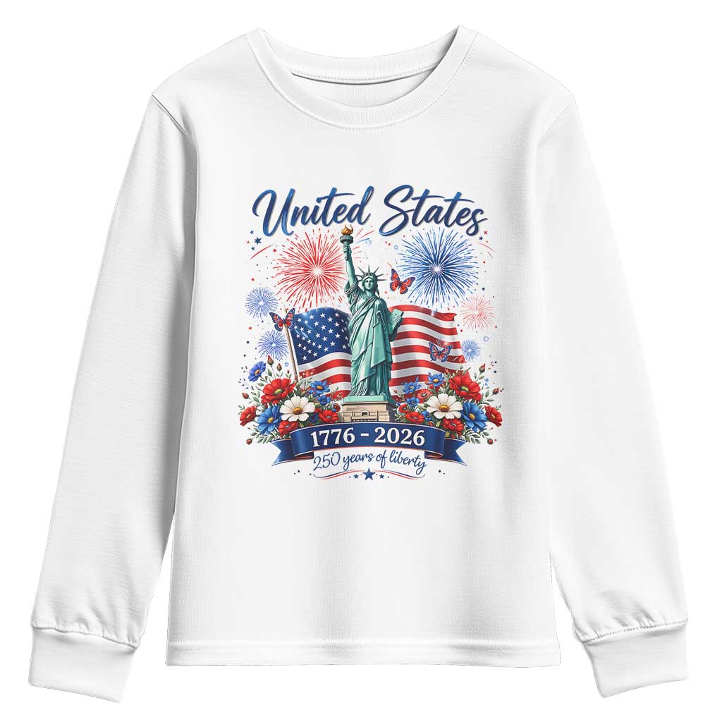 250th Anniversary USA Youth Sweatshirt Patriotic Liberty Floral 250 Years American 4th July 1776 2026